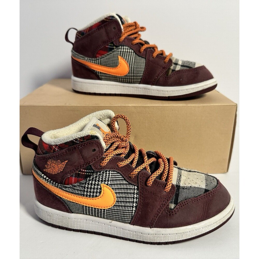 Nike Air Jordan 1 Mid SE PS Plaid Night Maroon Orange Youth 1Y